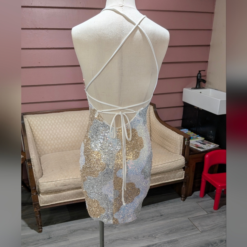 Gold, Silver, and White Sequin Mini Dress - Picture 2 of 3